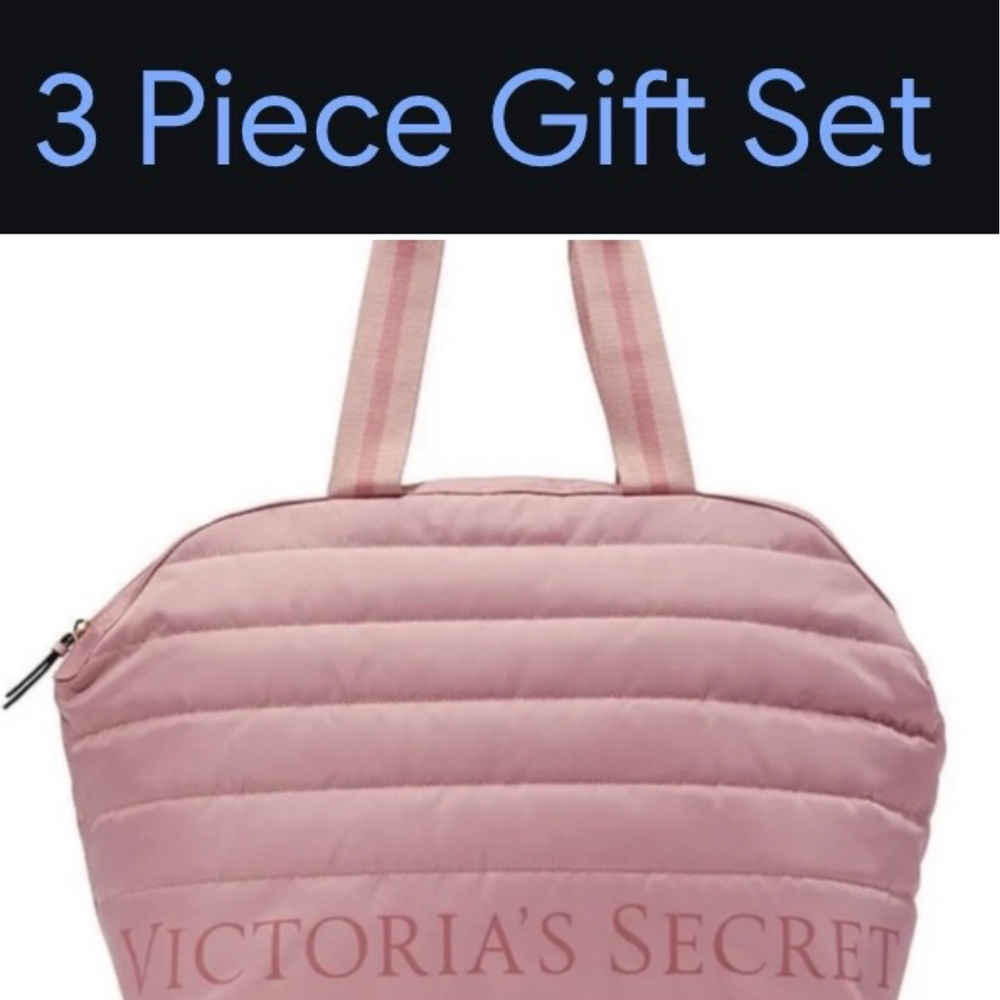 Victorias Secret Pink Quilted Overnight Weekender Bag 3 Piece Gift Set NWT
